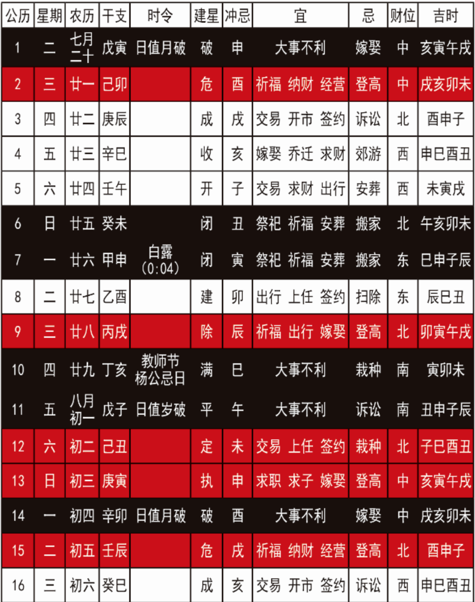 2026吉凶日历：9月份日历查询结婚庆典搬家择日择